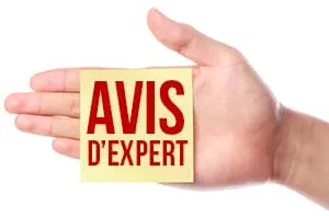 main tenant une pancarte avis d'expert sur fond blanc